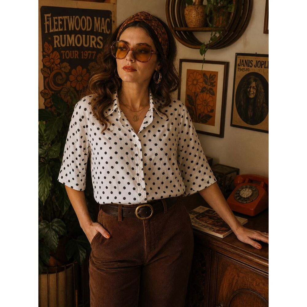 Vintage Polka Dot Blouse XL | Black White Retro Shirt | Classic Minimal Chic Top